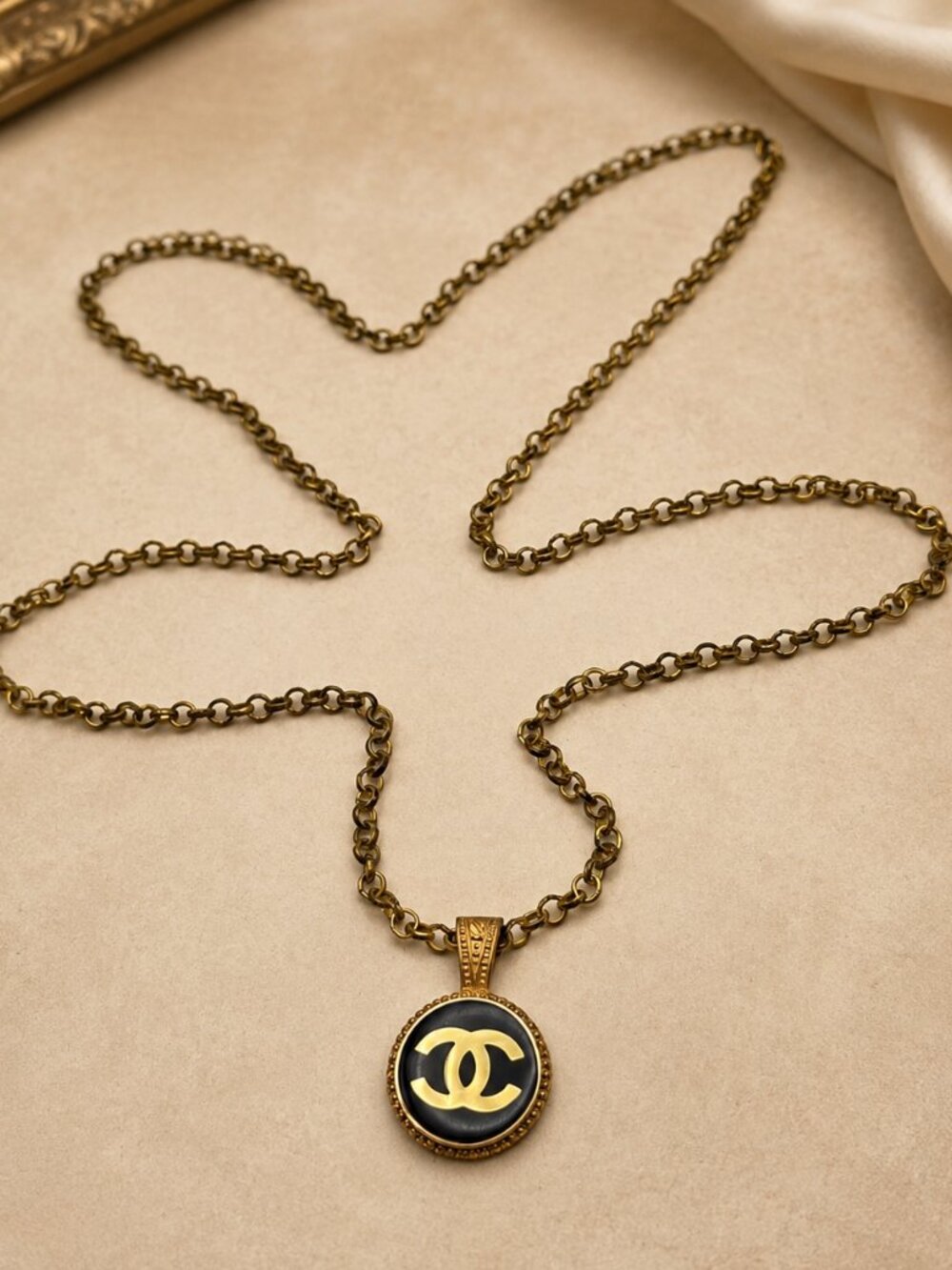 Gold Tone Black Enamel Button Pendant Long Rolo Chain Necklace 35" Vintage